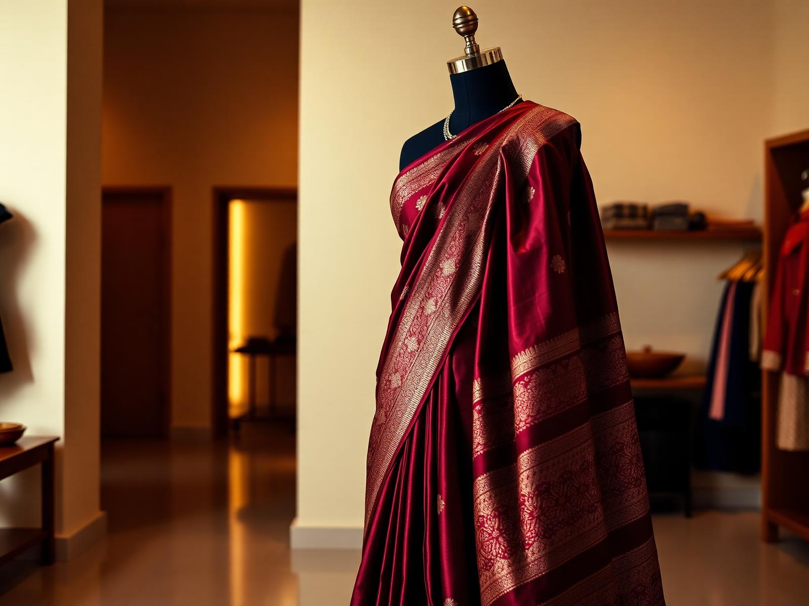 Bridal Banarasi silk saree draped in the warm boutique at Sonal Saree Centre, Vikhroli East, Mumbai